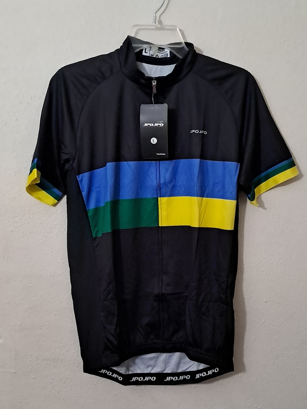 JPOJPO Men's Size L Black Cycling Jersey with Blue, Green & Yellow Stripes